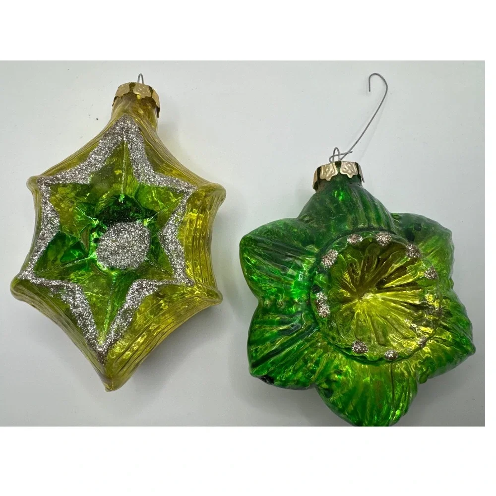 Vintage Mercury Glass Christmas Ornaments Green Gold Star Flower Set of 2